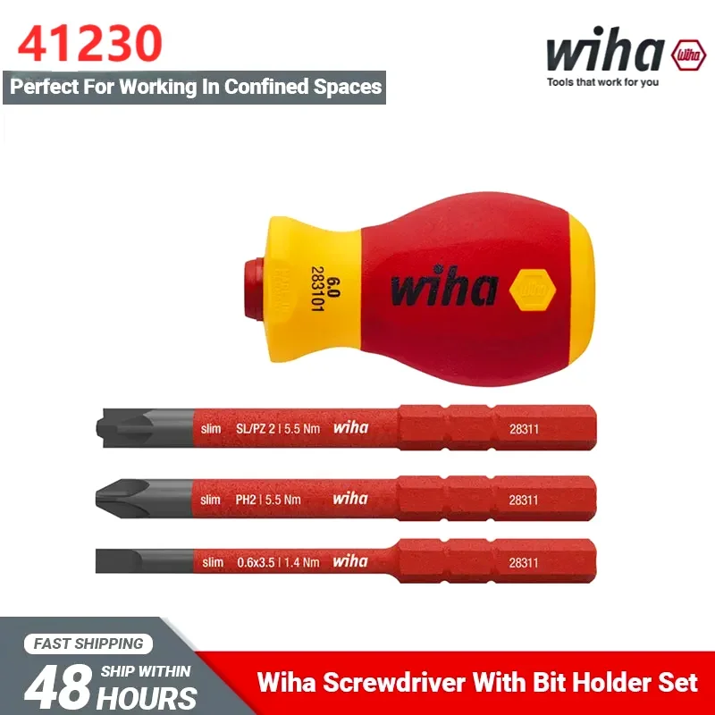 Wiha 41230SlottedPhillipsandBevelledPhillips Screwdriver Set1000VInsulatedElectrician'sScrews withBitHolderSetSlimvario4PieceSet