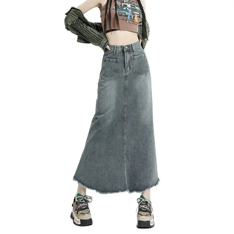 

Women's Vintage New Denim Halfskirt Korean High Waist 90S Hot Girl Y2K Loose Wrapped Hip Ragged Hem Fish Tail Midlength Dress