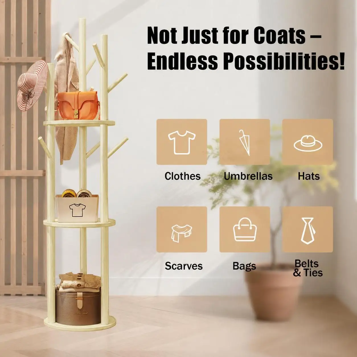 Fixed Wooden Coat Racks Durable Floor Standing Clothes Hanger Space-Saving Free Standing Storage Rack For Home Office Apartment Living Room Bedroom Entryway Clothes Hats Bags Organizerr
