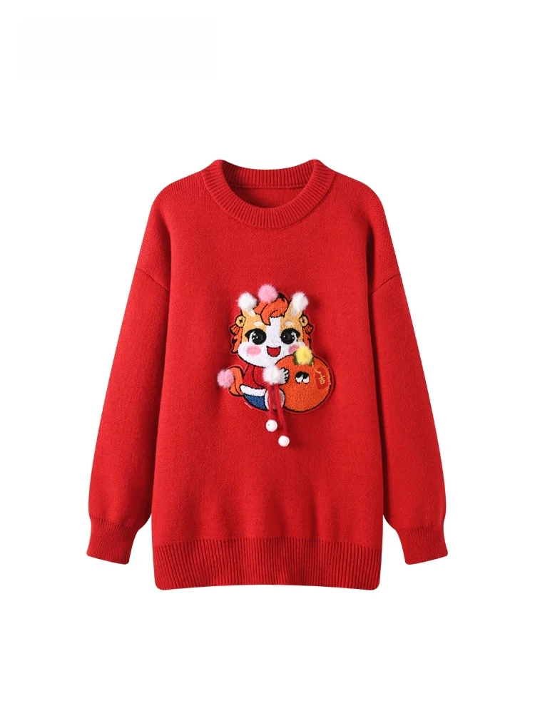 

Свободный свитер с длинными рукавами и круглым вырезом для женщин больших размеров, новинка ранней весны, красный, из полиэфирного трикотажа