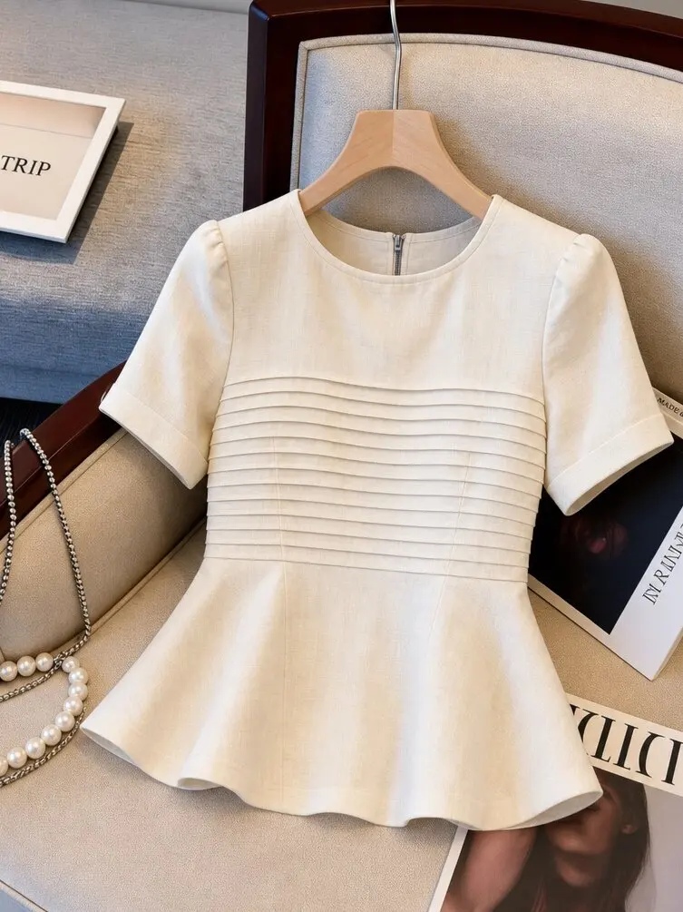 Ladies Short Sleeve T-Shirt Summer New Style Bubble Sleeve Belly Covering Base Shirt Slim Fit round Neck Casual Breathable Top