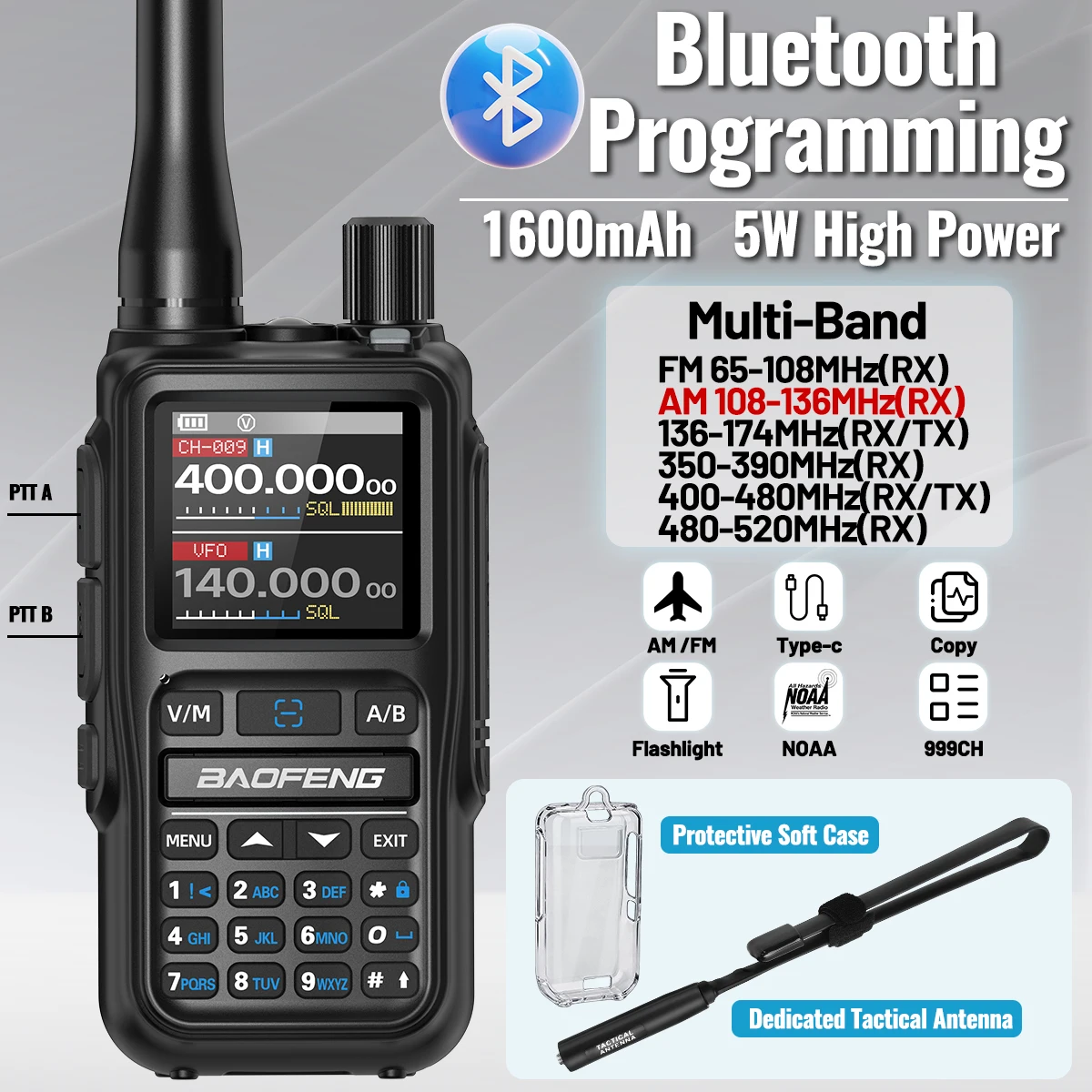 Radio Walkie Talkie Baofeng UV 5R MINI Inalámbrico con Copia de Frecuencia, Largo Alcance, Multibanda, Tipo-C, con Estuche Protector/Antena
