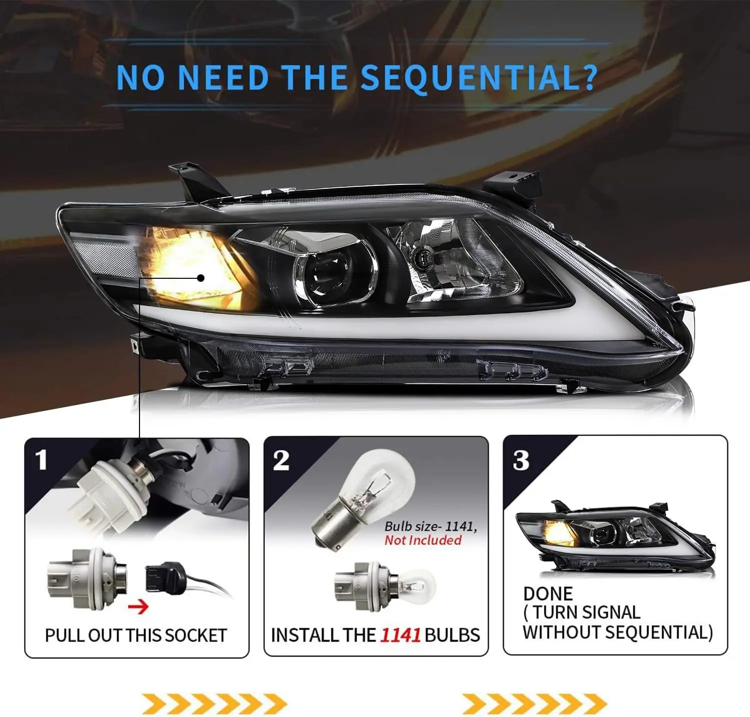 Projecteur LED pour éclairage de sauna, compatible avec 2010 2011 Toyota Camry Base, LE, SE et XLE (version US) avec séquentiel