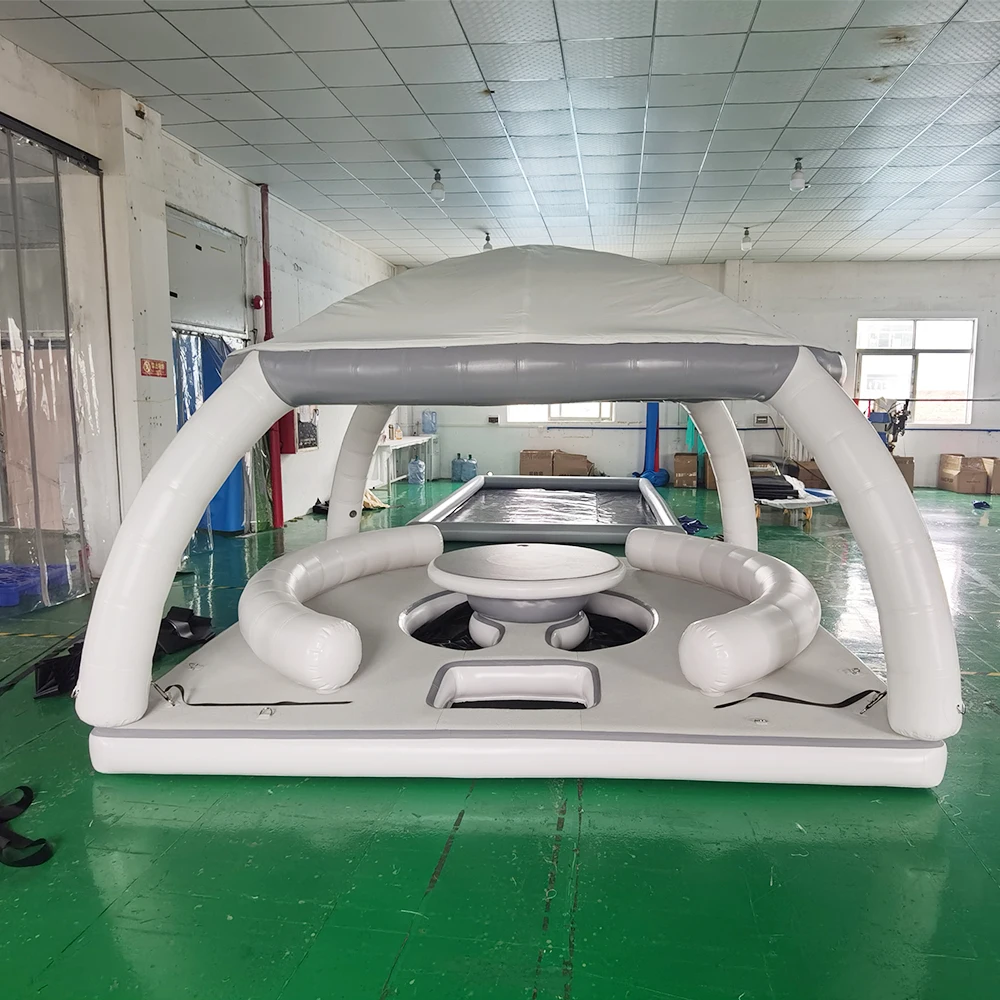 Inflatable Floating Sun Deck Floating Island Lounge Party Leisure Platform Inflatable Floating Party Dock With Tents