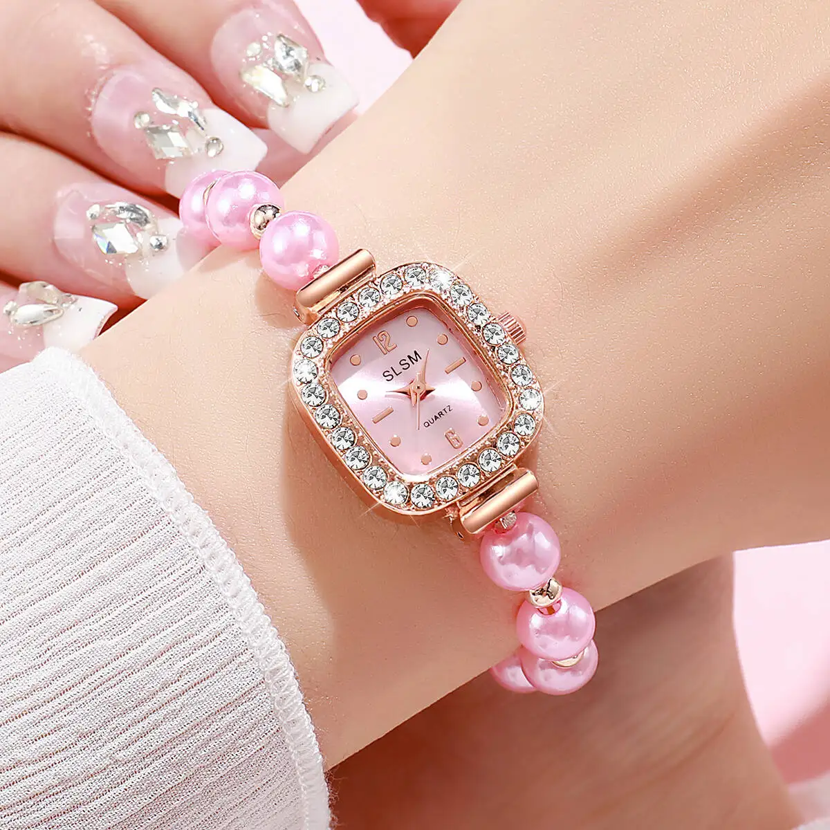 2PCS/Set Fashion Square Women Watches Imitation Rhinestone Pearls Bracelet Quartz Watch Reloj Mujer（Without Box）