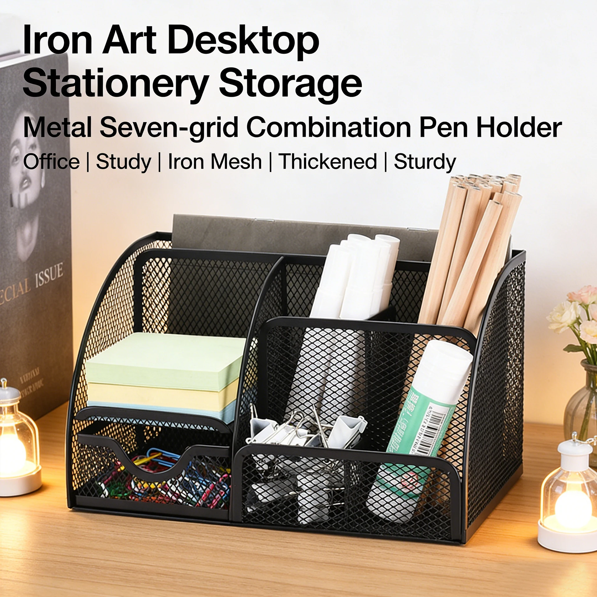 Multifunctional Metal Storage Pen Holder High Value Ins Wind Drawer Type Office Desktop Seven-grid Storage Box