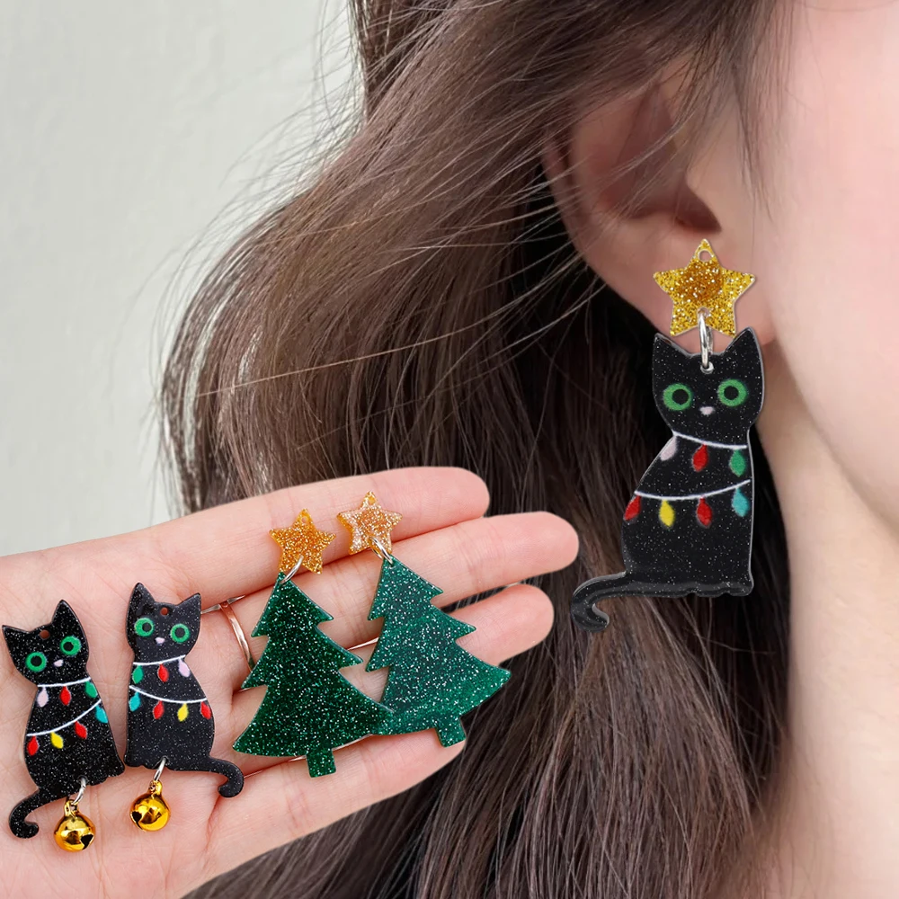 Christmas Elements Stud Earrings Fashion Charms Creative Acrylic Cat Tree Pendant for Keychain Necklace Jewelry Diy Accessories