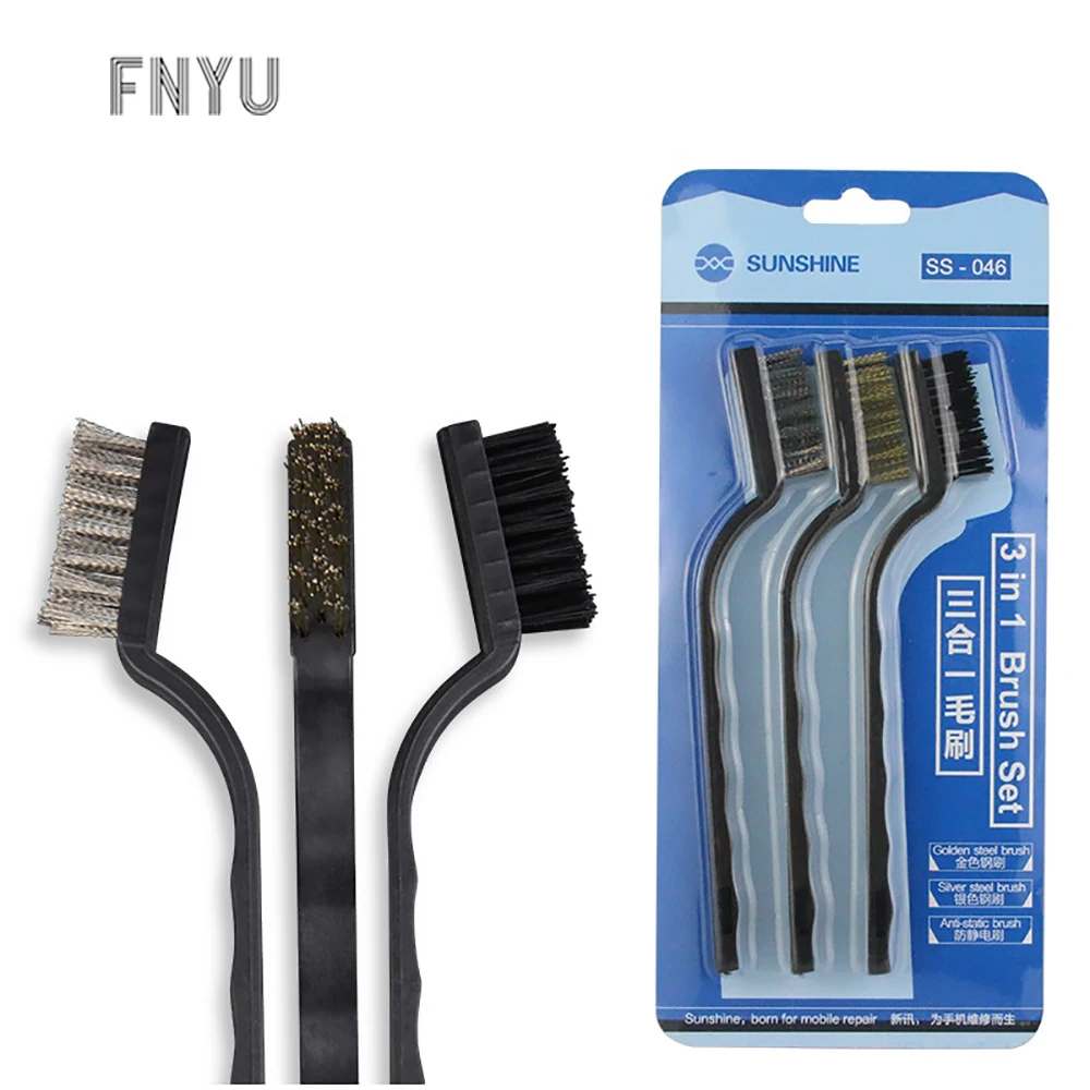 Cepillo Antiestático de acero dorado plateado SUNSHINE SS-046 3 en 1 IC, mantenimiento y limpieza de la placa base del teléfono móvil, cepillo de codo