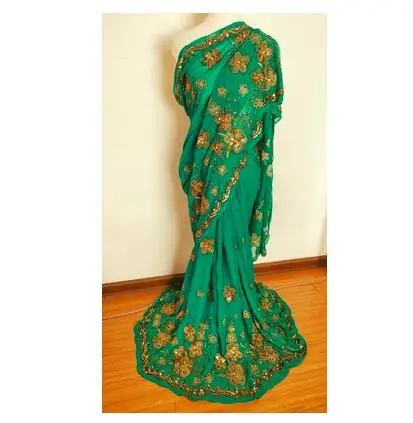 Traditional Indian Sari Pakistan Women Dress Green Sequin 6 Meter Sri Lanka Vinage