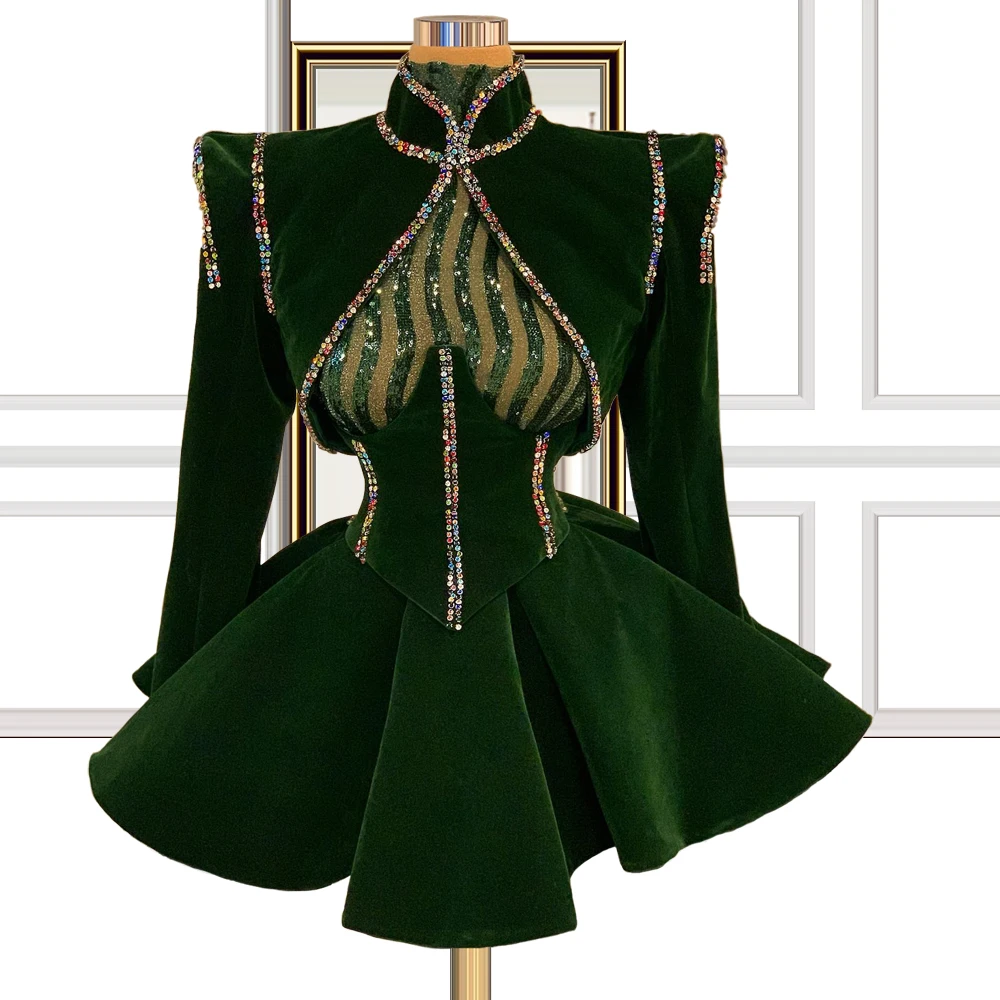 Green Cocktail Dresses Sheath Long Sleeves Short Mini Velvet Beaded Homecoming Dresses Haute Couture Customized