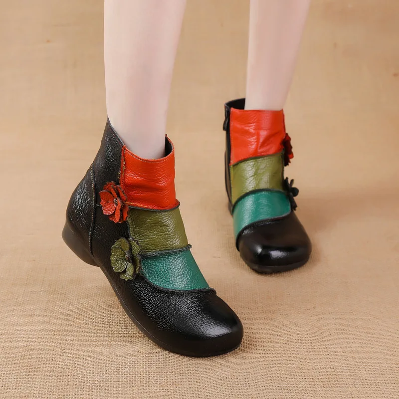 WOIZGIC Mother Women\'s Genuine Leather Boots Female Ankle Shoes Zipper Ethnic Style Autumn Plush Fur Warm Flower