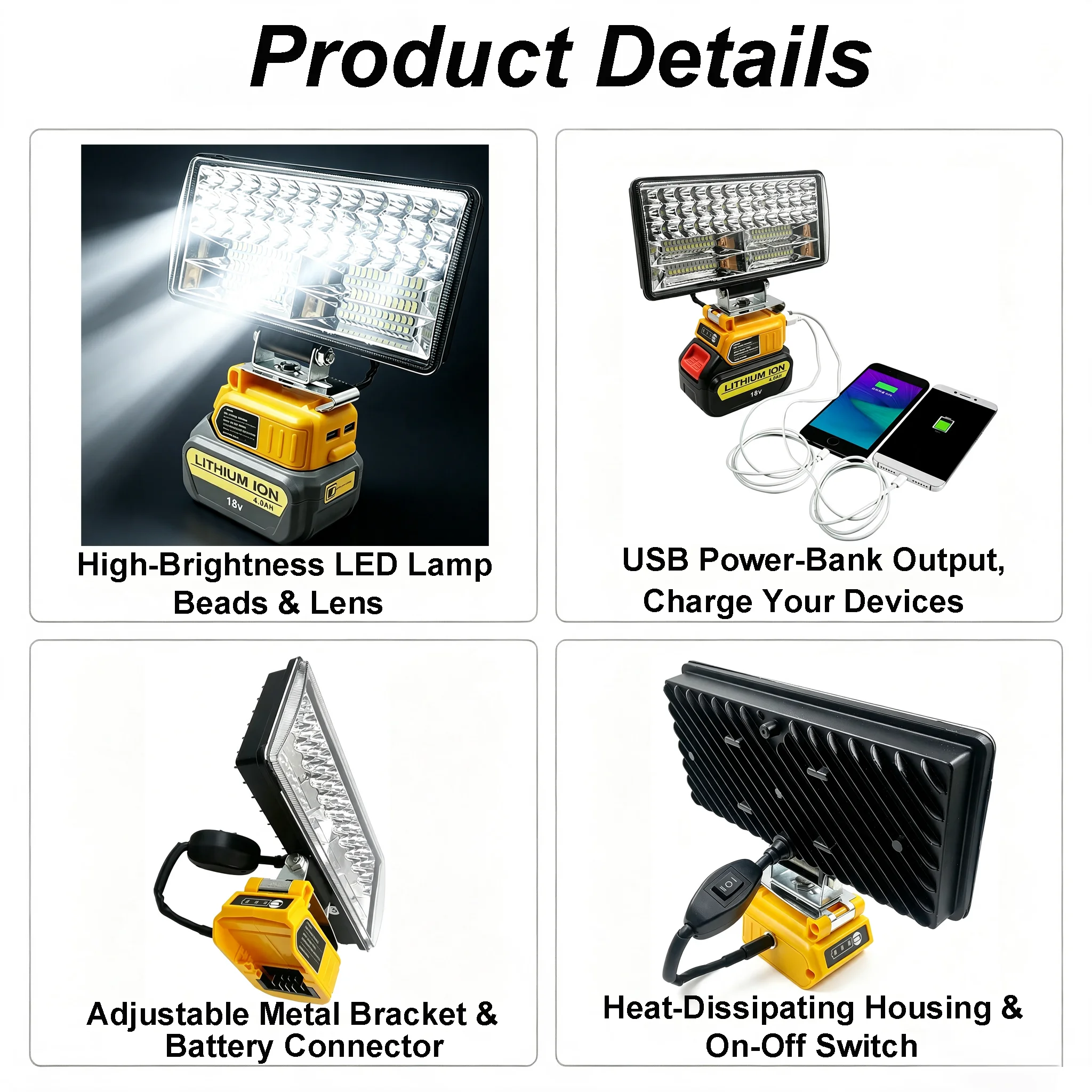 Car LED Working Lamp 60W 5A Converter Adapter USB Charger 12V DC Output Electrical Appliances For DeWalt 20V 18V Lithium Battery