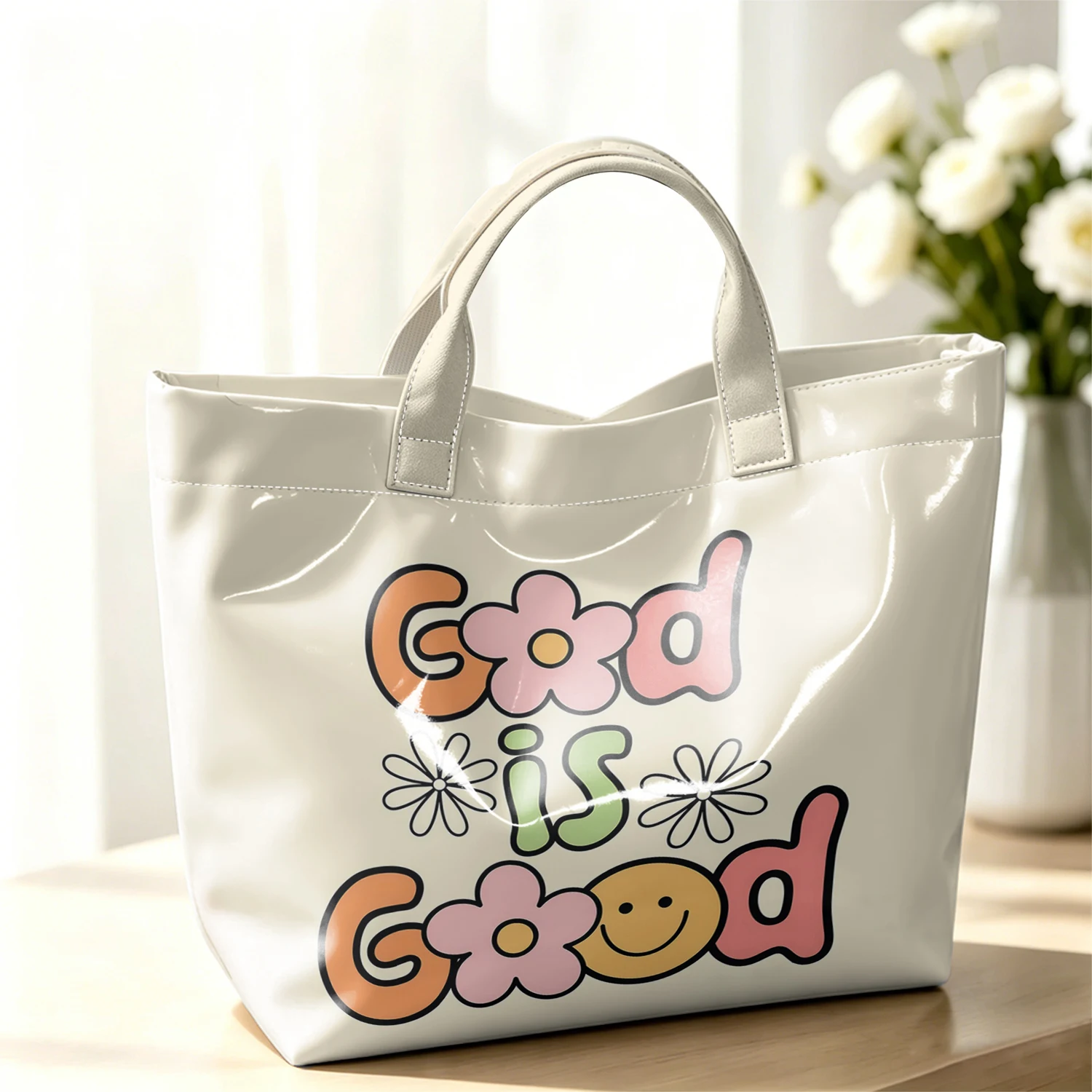 Blooming Blessing Fashion Large Glossy PVC Tote Bag Hand Washable Waterproof Perfect Travel Commute Cosmetic Storage Shopper