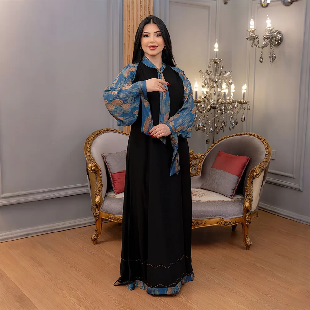 

Ramadan Muslim Women Bow Tie Neck Long Dress Dubai Abaya Turkey Kaftan Eid Djellaba Islam Clothing Femme Musulmane Vestidos Gown