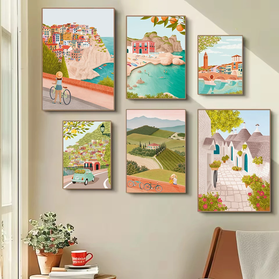 Retro Italy Village Amalfi Positano Abstract Coastal House Architecture Poster Canvas Painting Wall Art Pictures Home Decor