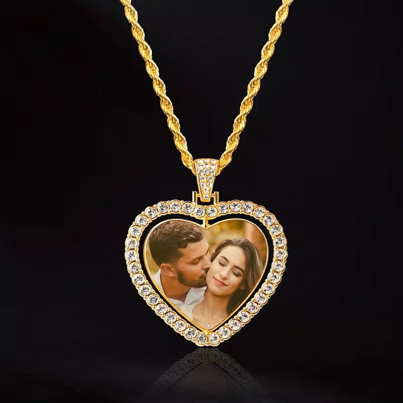 Photo Necklace, Personalized Custom Photo Heart-Shaped Pendant Necklace, Custom 360° Rotating Photo Necklace