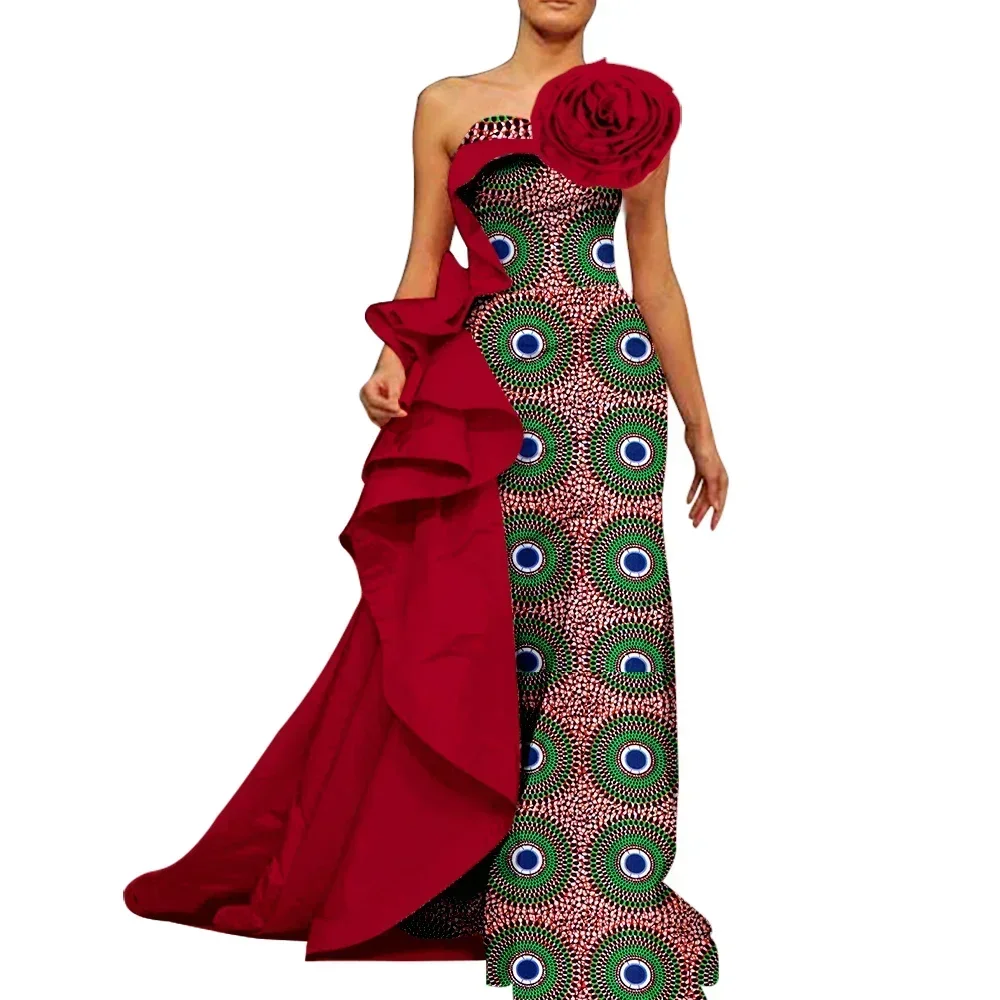 Elegant African Women\'s Dresses Off Shoulder Robe Long Ankara Print Dashiki Dress African Party Clothing WY5849