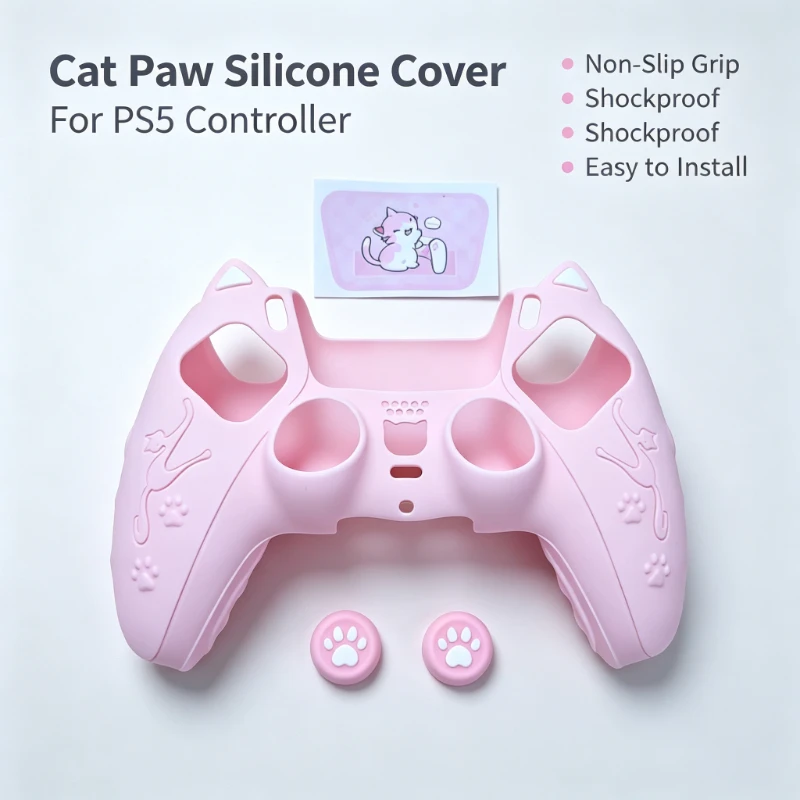 Cat Paw Silicone Controller Skin Set for PS5 Protective Cover with Touchpad Sticker & Thumb Grip Caps Anti-slip Gamepad Shell