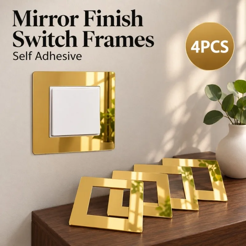 4PCS 15cm/5.91in Self Adhesive Acrylic Mirror Switch Frame Stickers Square Socket Surrounds for Home Wall Decoration Living Room