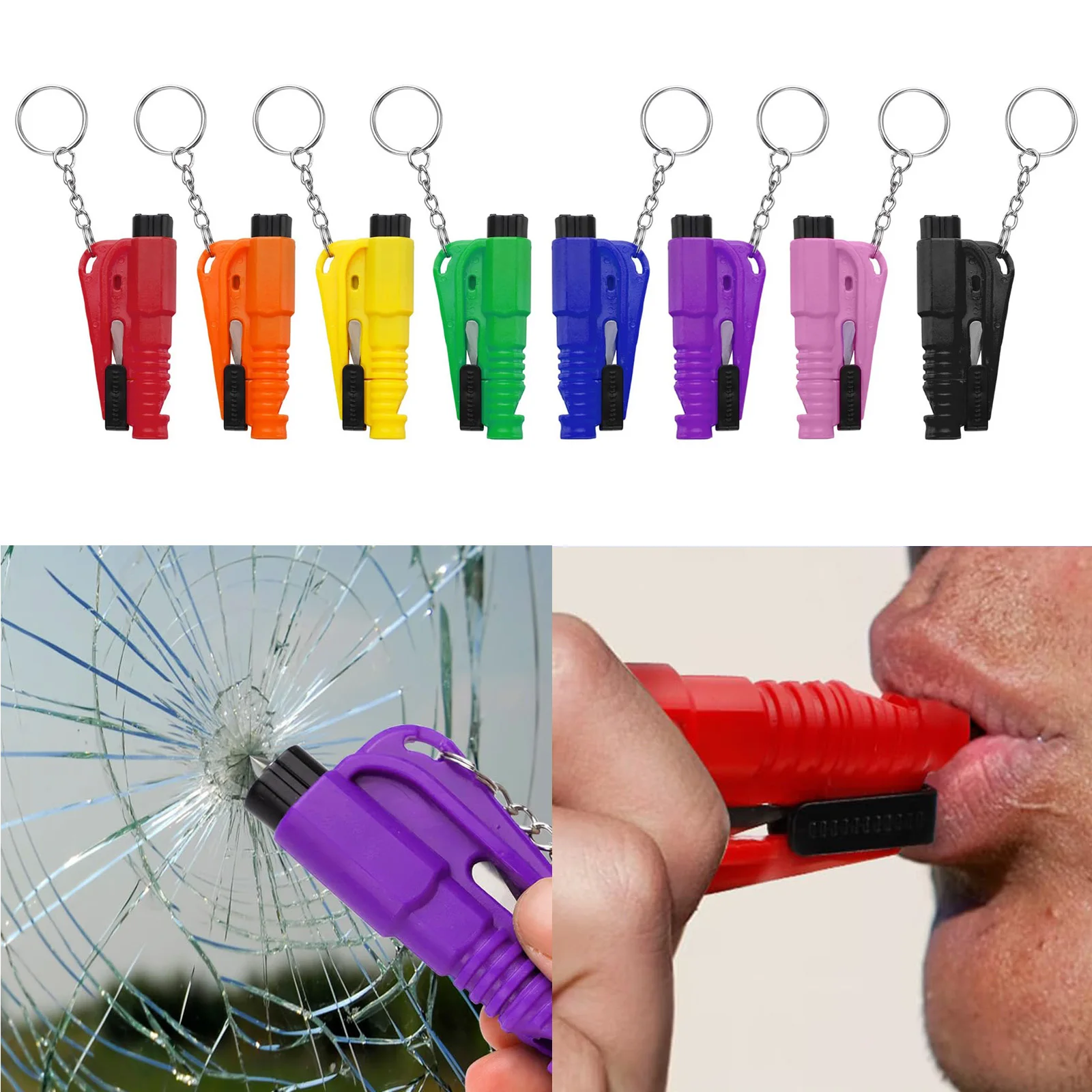 Pack of 8 Window Breaker Seatbelt Cutter Keychain 3-in-1 Car Escape Tool Mini Glass Breaker Seat Belt Cutters Survival Whistle V
