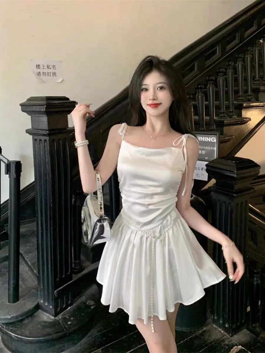 Korea White Mini Dress Women Pleated Elegant Backless Sexy Summer Vintage Streetwear Fashionable Party Pure Girlish Korean Style