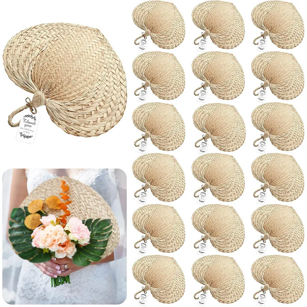 12/24 Natural Raffia Fans Wedding Fans for guests Palm Leaf Hand Fans with String and Label for Wedding Beach Havana Party