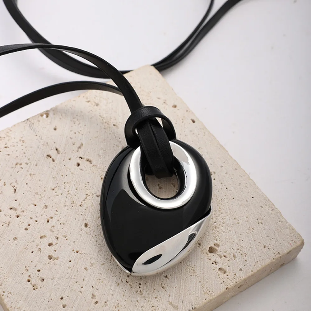 Retro light luxury black agate round leather rope long necklace female niche design irregular pendant sweater chain tide