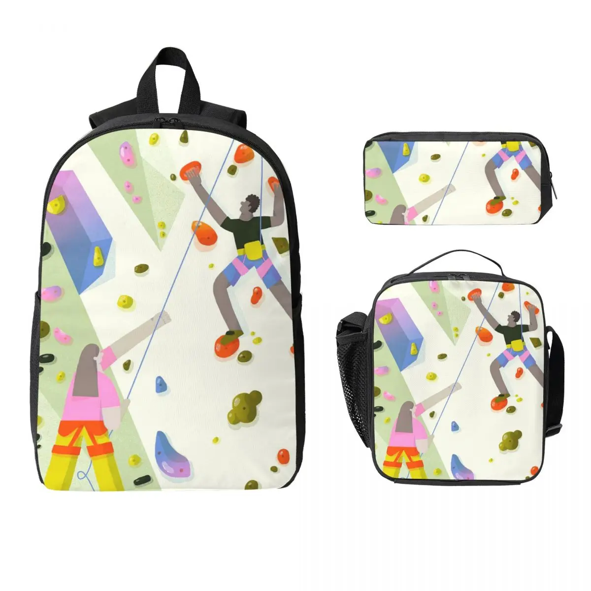 Rock Climbing Figure Sports Theme Backpack Student BookBag School Bag Computer Shoulder Bags 3ps Insulated Lunch Bag Pencil Case