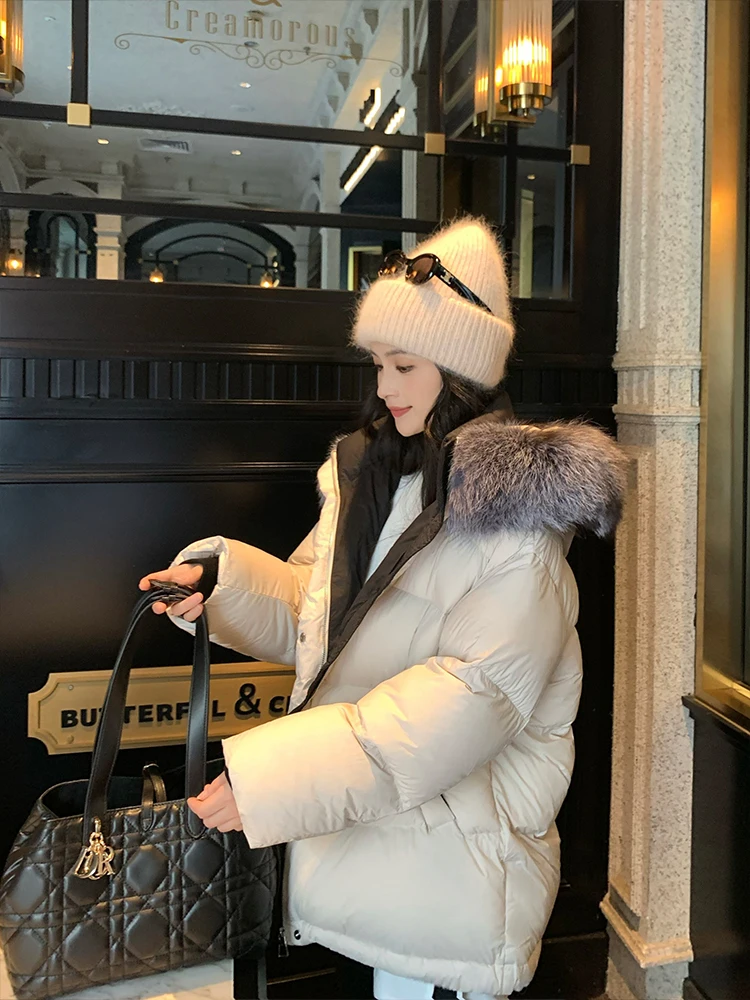 

Linyaner90 Women's Thiened Winter down Jaet Fur Collar Hooded Coat Warm Casual Loose Fit Polyester Fabric Zipper Closure