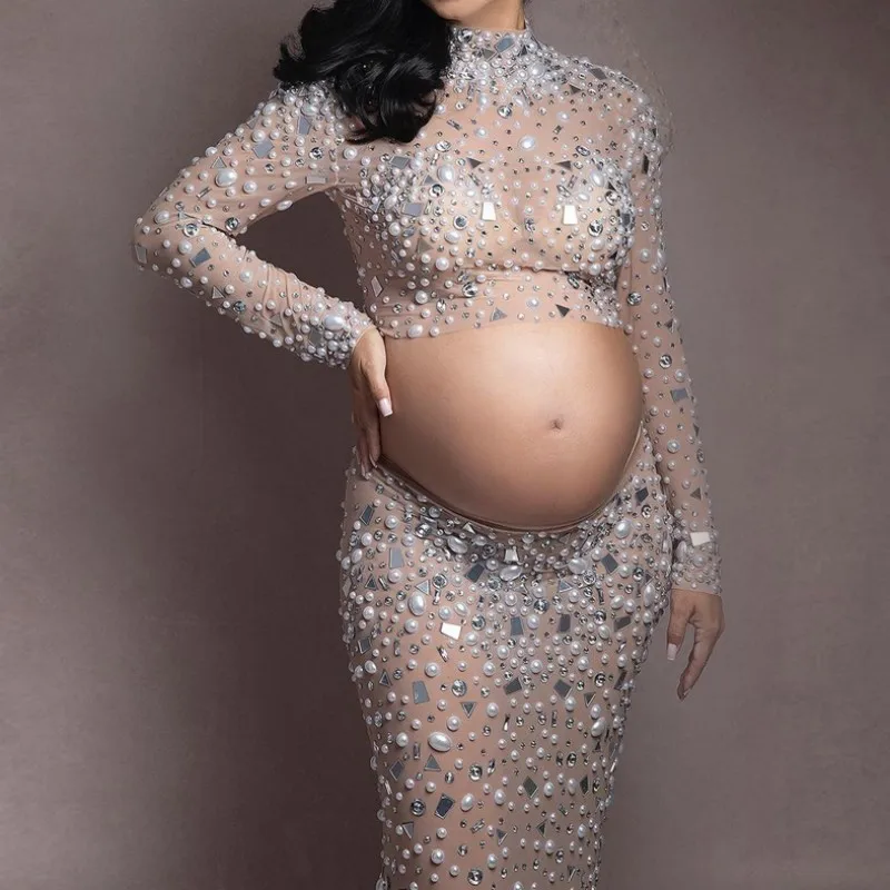 Vestido de fotografía de maternidad Sexy con cuentas, Vestido largo de tela elástica con diamantes de imitación de perlas brillantes divididas para sesión de fotos de maternidad