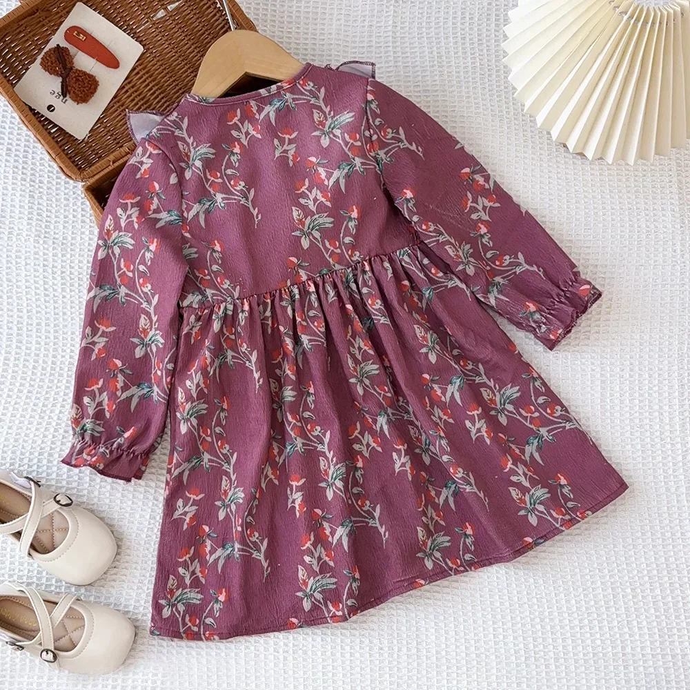 Bear Leader 3-7 Years Autumn New Purple Flower Print Girls Casual Dresses Fashionable Single Breasted Long Sleeved Kids Dress