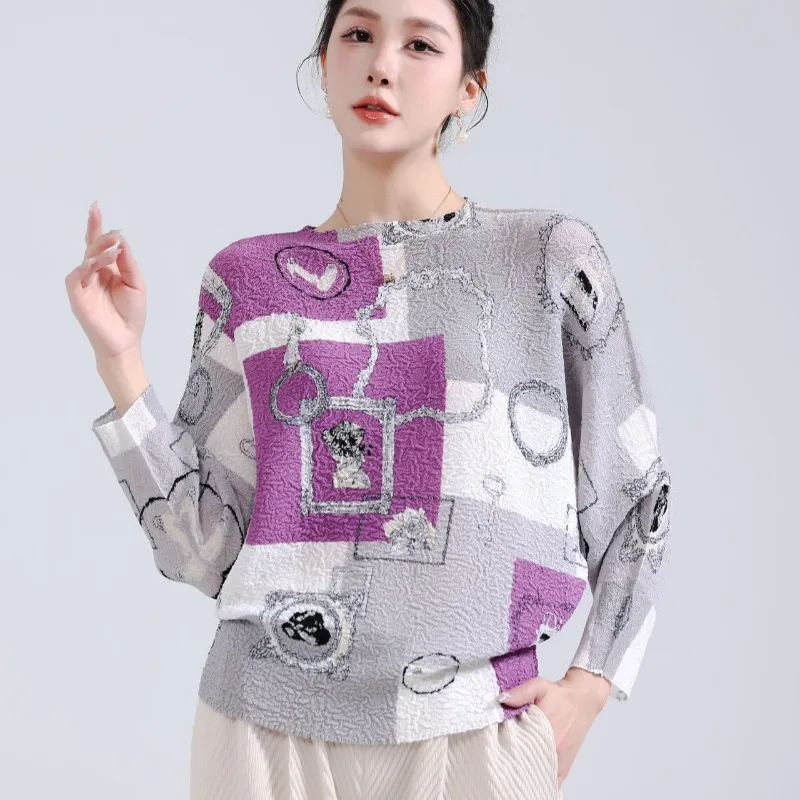 

Miyake Pleated T-shirt Printed Long-sleeved Blouse Women 2025 Spring Fall New Versatile Commuter Pleated Loose T-shirt Casual