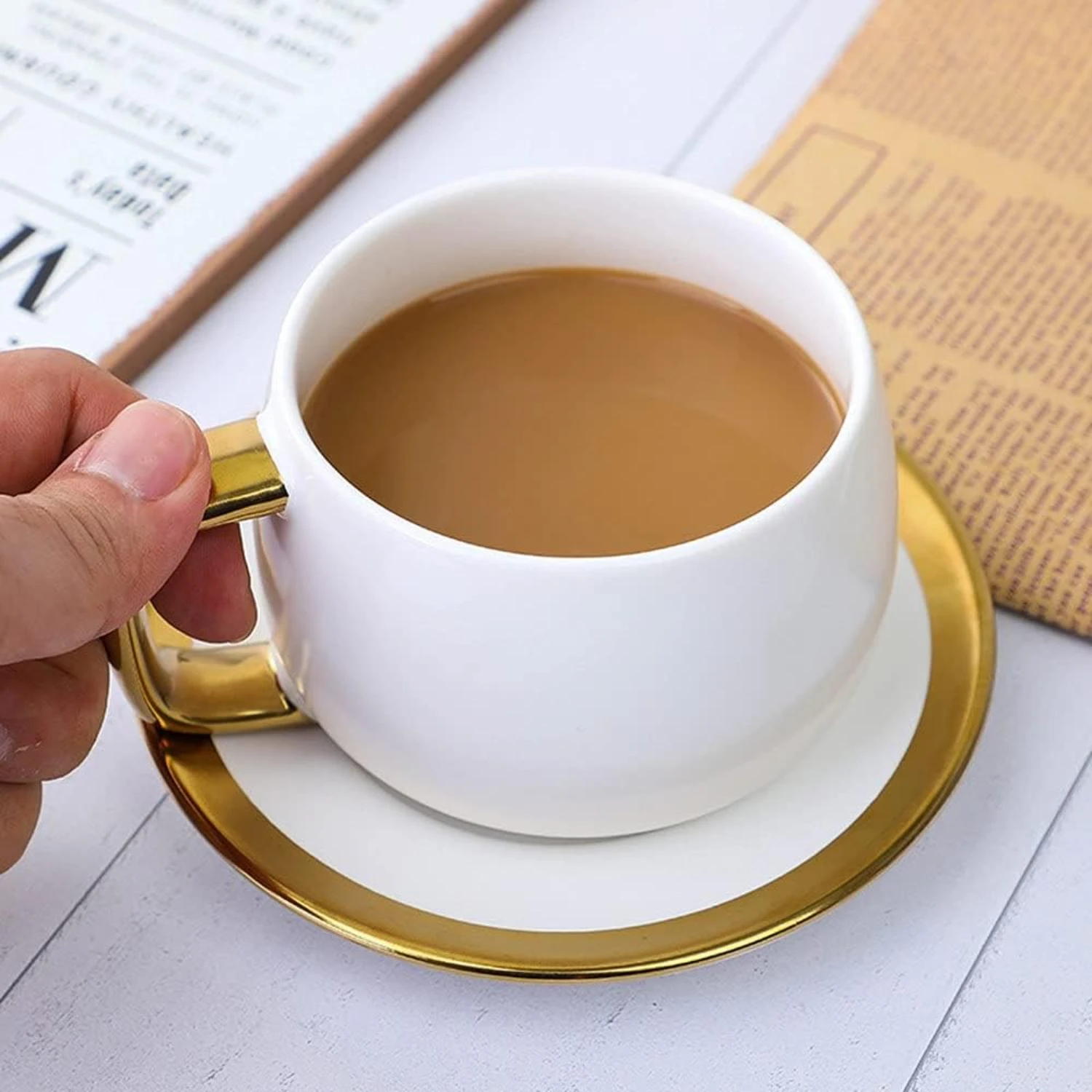 Elegant and stylish porcelain coffee mug and saucer set for couples - exquisite chic handle latte cups for milk lovers, perfect