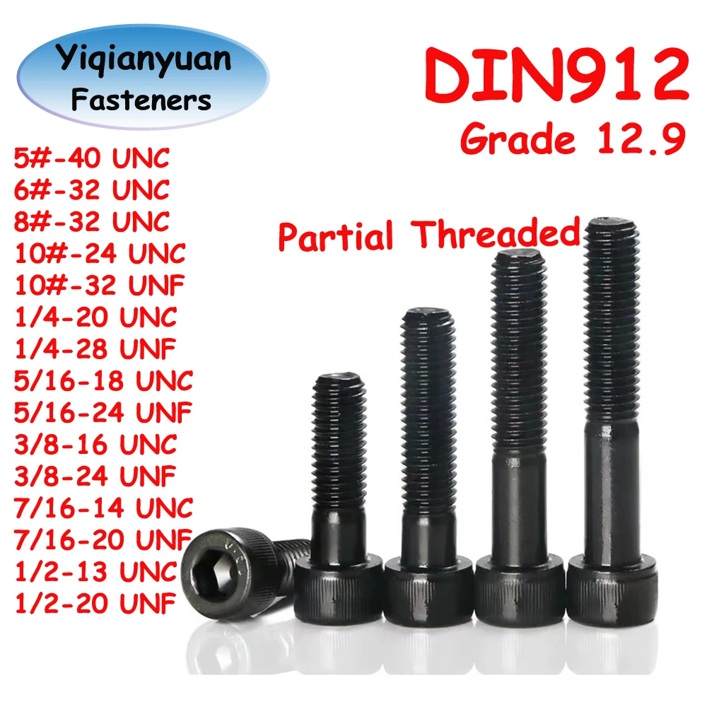 Yiqianyuan 5#  to 1/2'' UNC UNF DIN912 Grade 12.9 Alloy Steel Black Hex Socket Knurled Cap Head Bolts Allen Key Partial Threaded