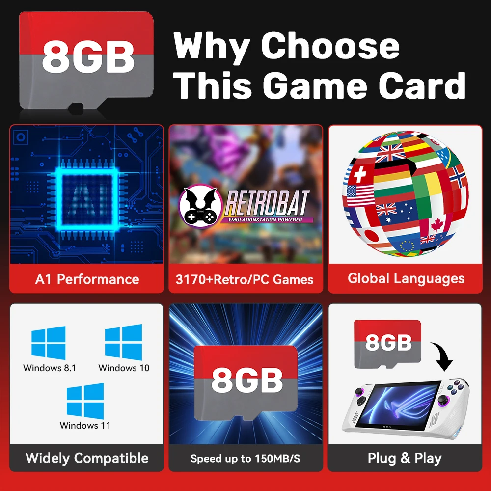 Retrobat 8GB Gaming TF Card Game Memory Card for ROG ALLY/Onexplayer/Ayaneo/Wins Handheld/PC Retro Game Console with 3170 Games