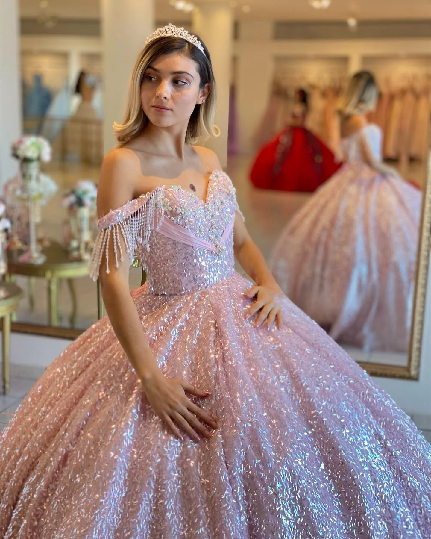 Rosa Prinzessin Quince anera Kleider Ballkleid von der Schulter Pailletten Perlen süß 16 Kleider 15años Brauch