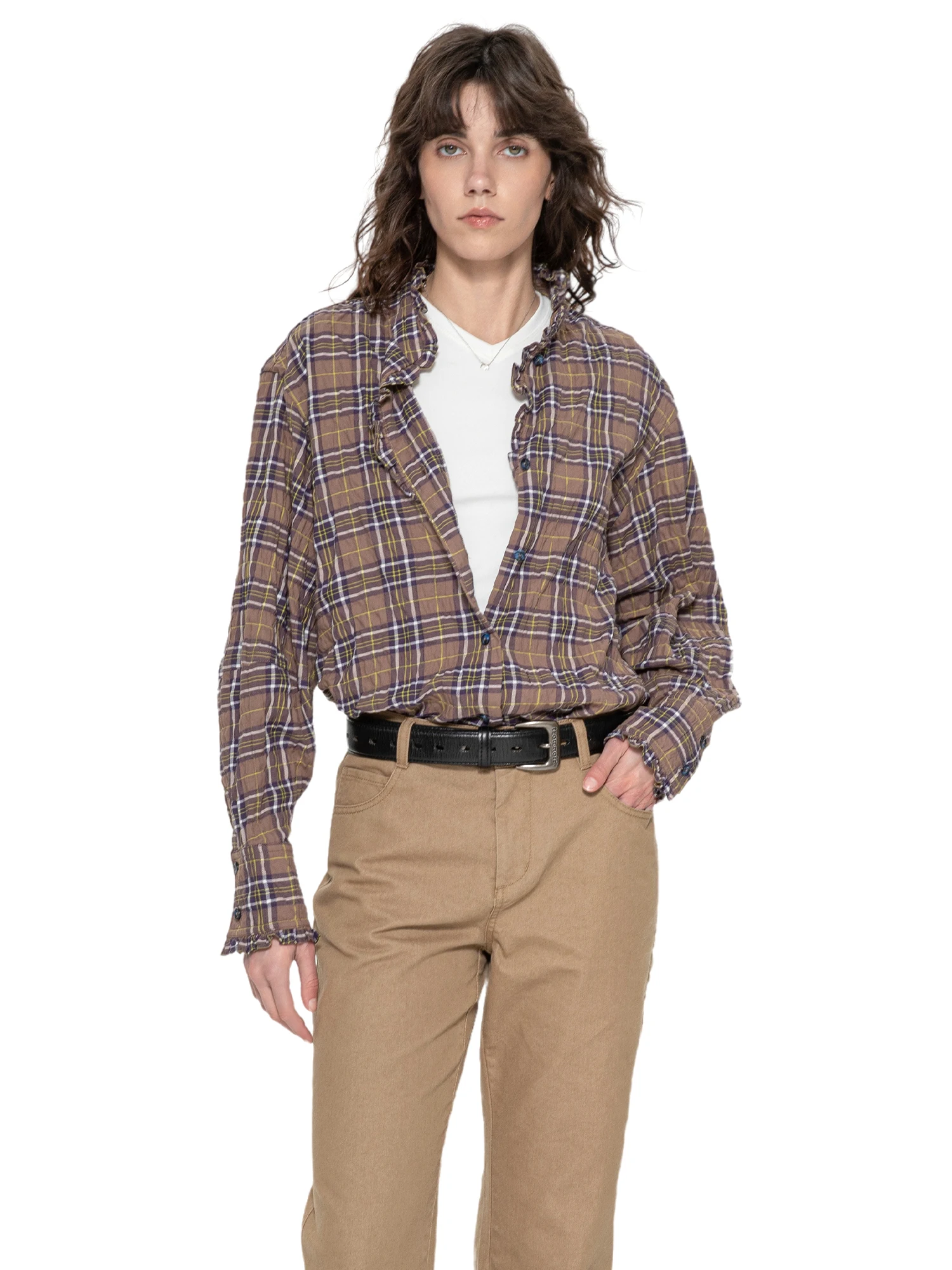 

Bla Hole Trou Noire 2025 Spring Summer New Sle Loose Design Sense irt Floral Collar Plaid Cotton Polyester Blend irt