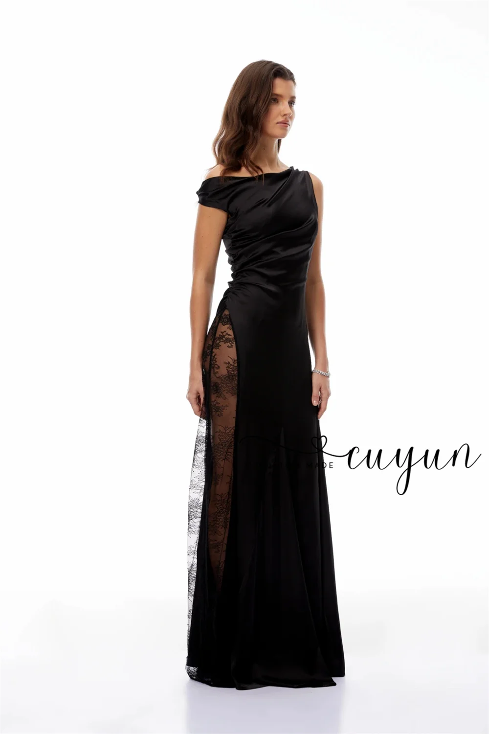CUYUN Black Slim One Shoulder Maxi Dress Side Stitch High Split See Through Lace Chic Elegant Prom Party Evening Dresses