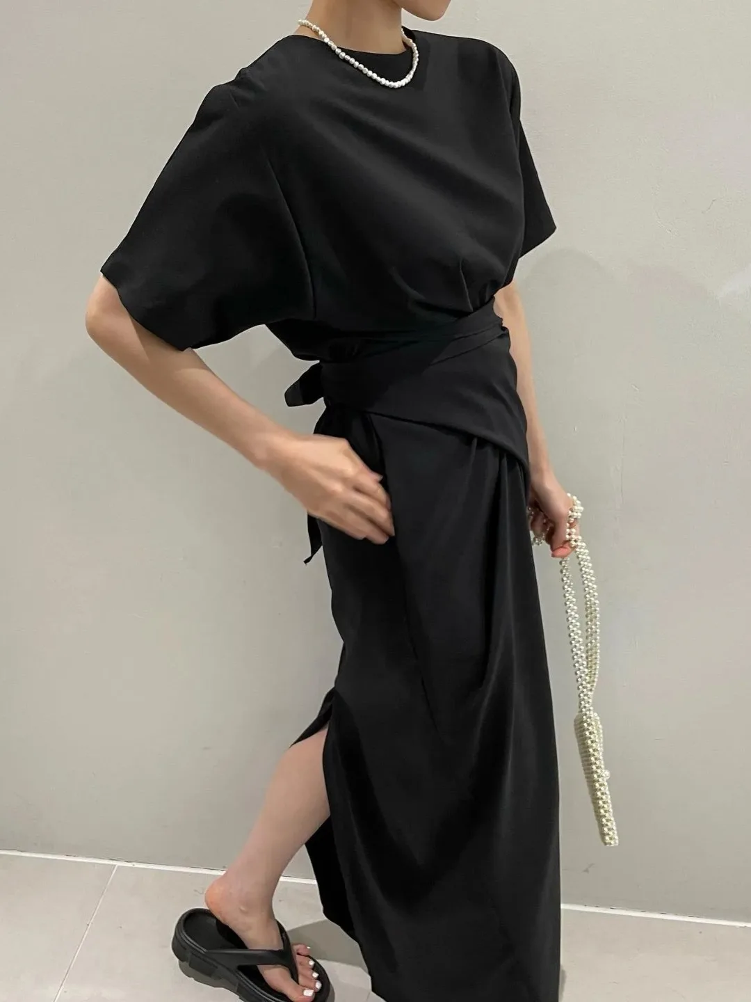 Faionable Ретро круглый Ne ort Sve Dr с поясом и асимметричным дизайном с разрезом для женщин