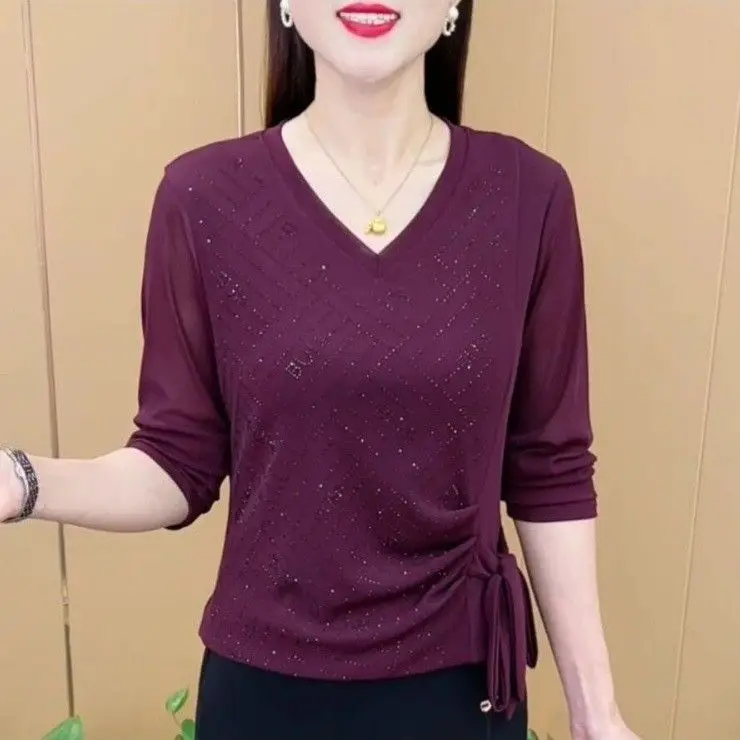 

Stylish V-Neck Sequined Base Layer Early Autumn New Long Sleeve Top for Women