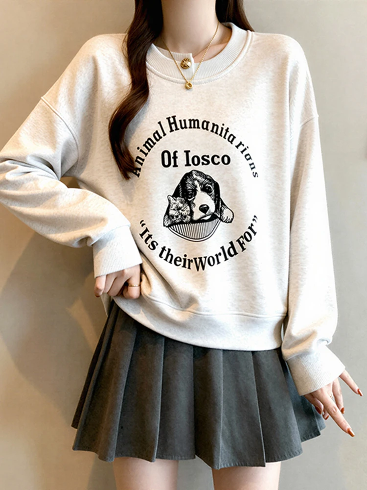 

Spring New Loose Fit Long Sve round Ne Printed Sweatirt Women's Casual Top Dog Print Comfortable Versatile Slimming