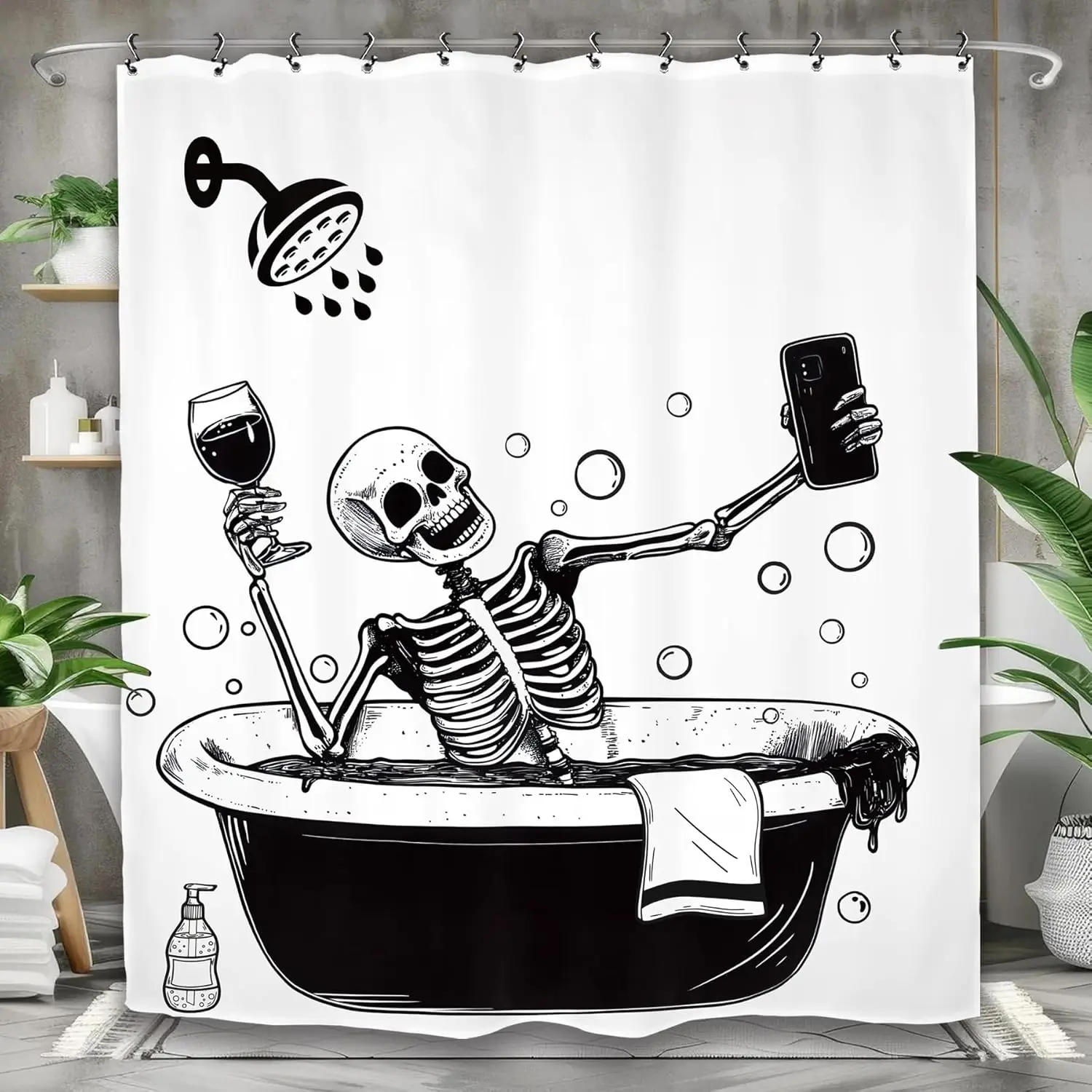 Funny Skeleton Skull Bathroom Shower Curtain Black White Hilarious Man Cool Polyester Fabric 12 Plastic Hooks Waterproof Decor