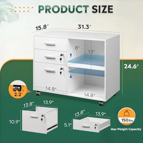 3-Drawer File Cabinet with Lock, Mobile Wood Filing Cabinet, White | Rolling Printer Stand, Office Cabinet, Open