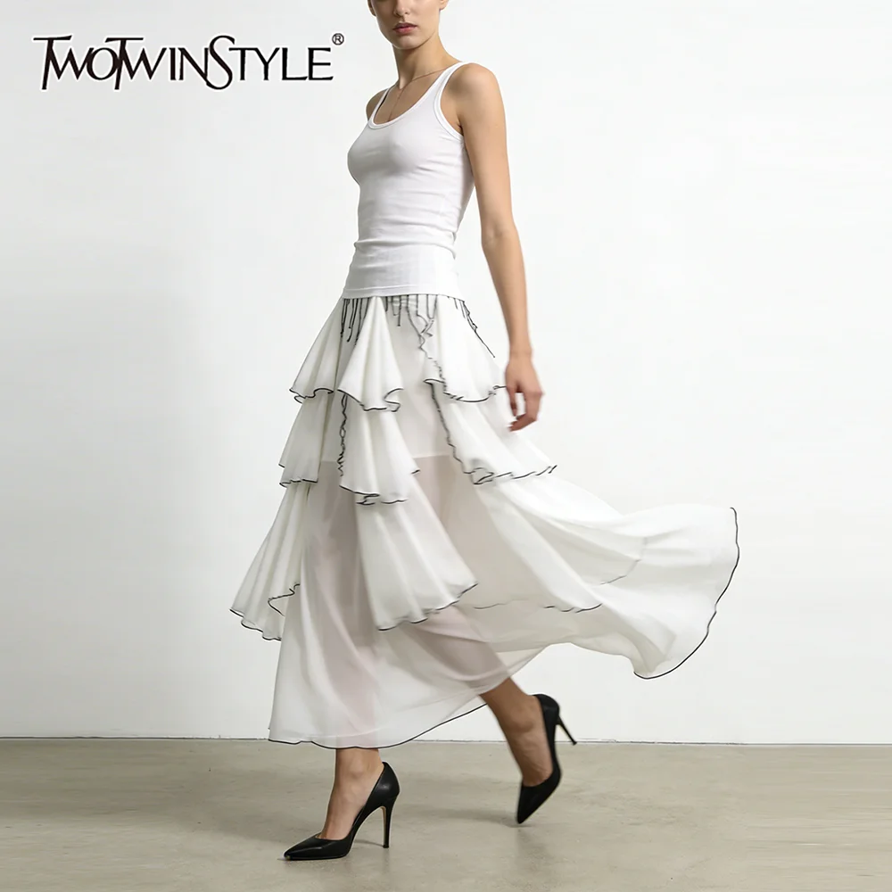 TWOTWINSTYLE Hit Color Loose Spliced Brigth Line Decoration Skirts for Women High Waist Patchwork Ruffles Irregular Skirt Female