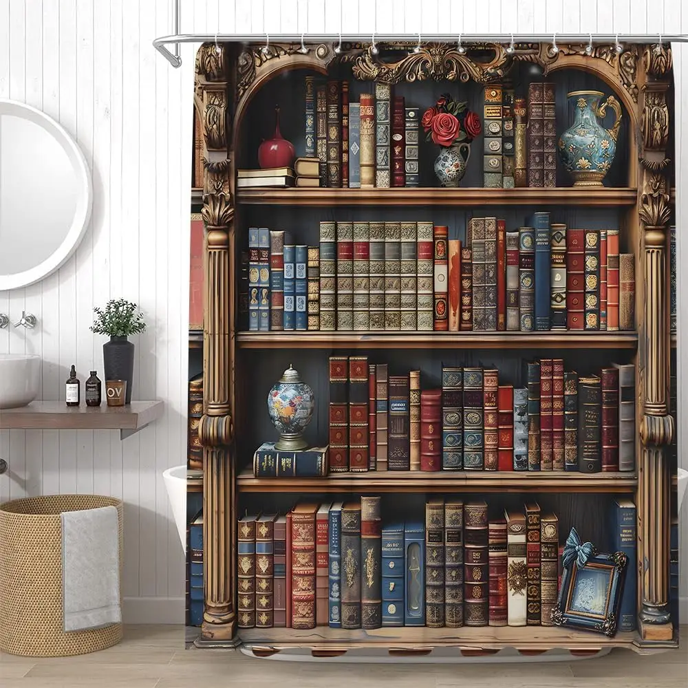 Vintage Library Bookshelf Shower Curtain, Classic Books and Ornate Shelf Design, Waterproof Fabric Curtain for Book Lovers
