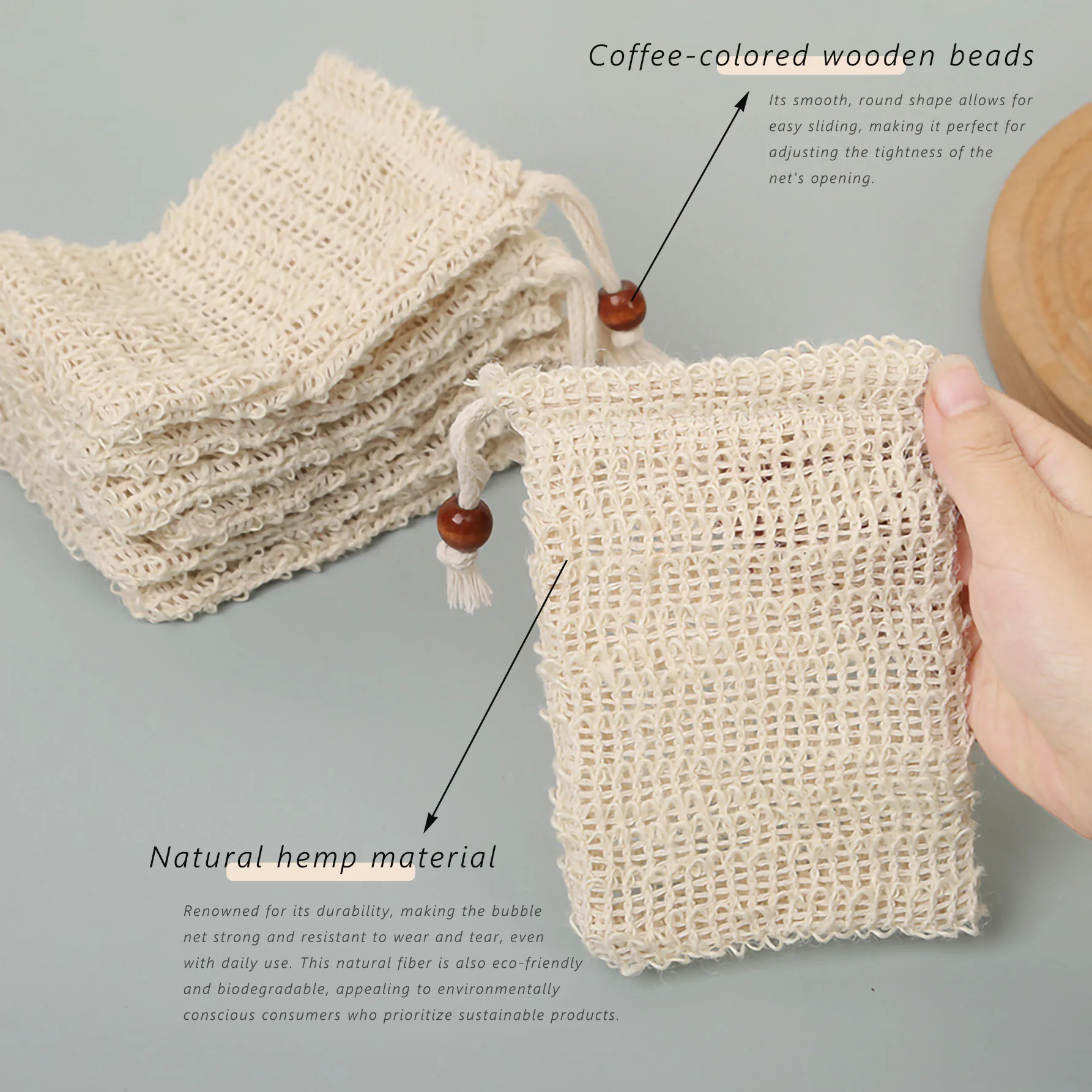 حقيبة حفظ الصابون من القطن والكتان الطبيعي، قطعتان من الرغوة الغنية برباط خشبي لتقشير الصابون للتنظيف اللطيف