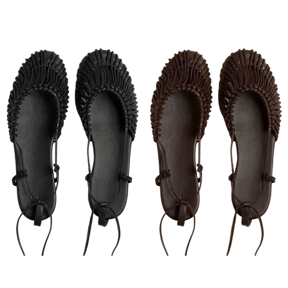 

Тканые сандалии с круглым носком, женские сандалии с закрытым носком, повседневные сандалии на шнуровке, летняя римская обувь для отпуска