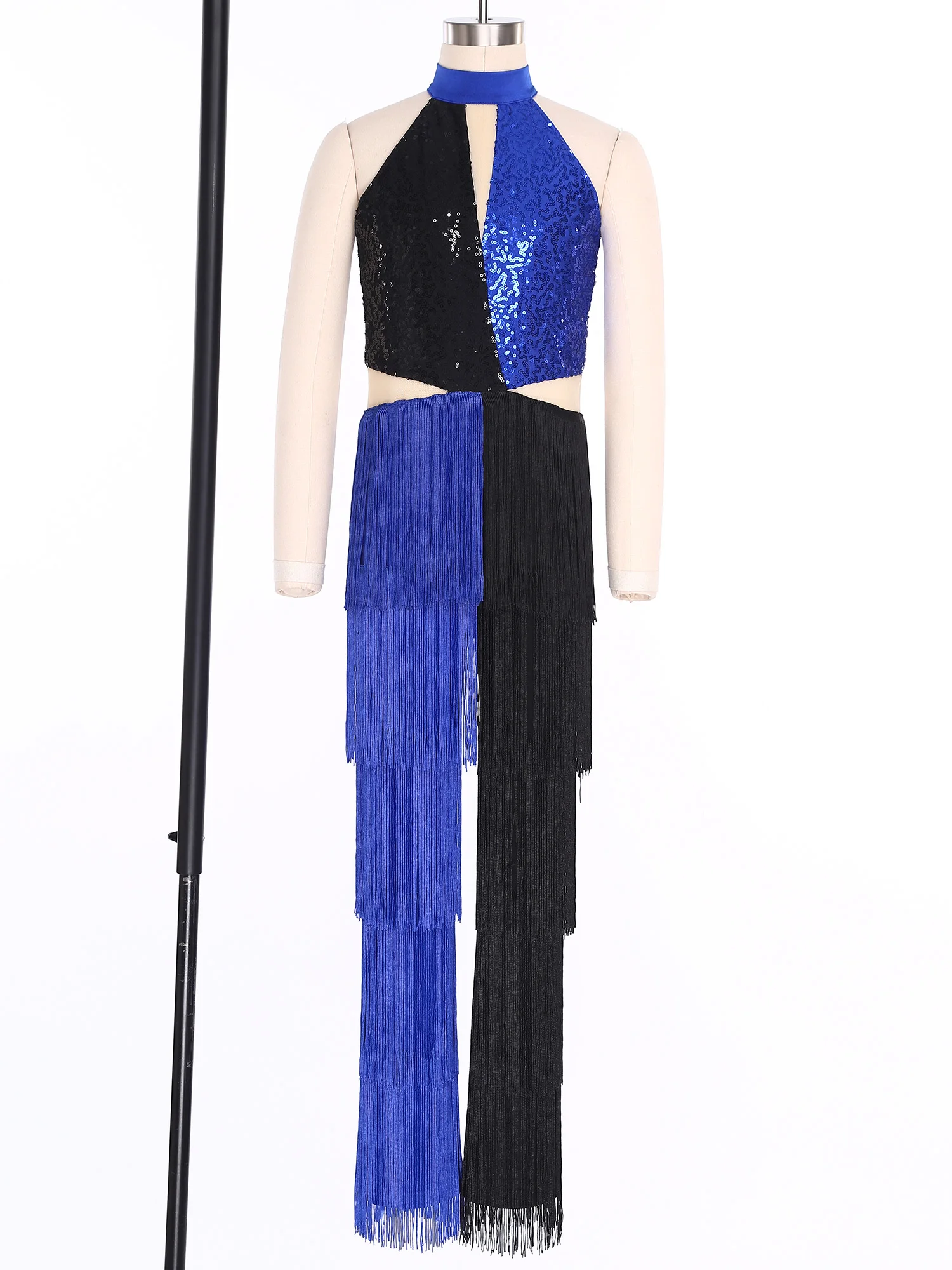 Girls Sequin 70s Disco Jazz Jumpsuit Fringe Long Pants Latin Contrast Color Tassel Bodysuit for Latin Prom Dance Performance