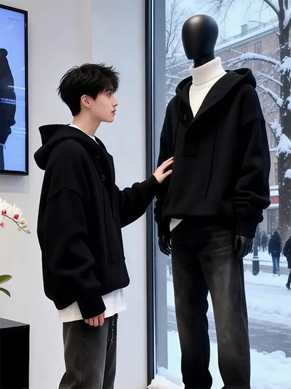 

Bla American Sle Knitted Hoodie Men's Winter Thi Lazy Sle Sweater Inner Wear Heavyweight Knitwear Casual Loose Fit