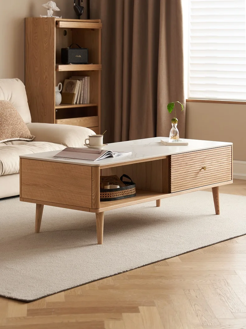 Minimalist Simple Modern  Black Walnut Color Coffee Table and Nordic Style Sintered Stone Top Solid Oak Wood Natural